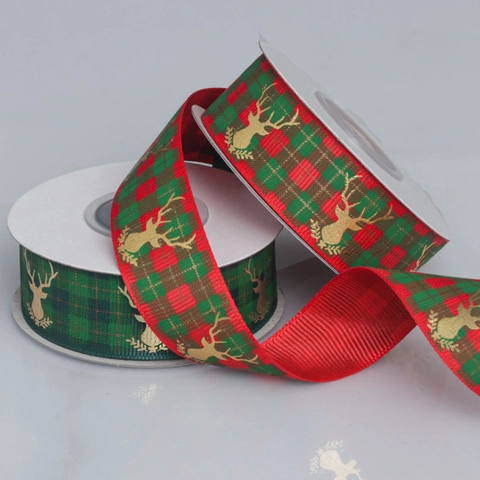 Weihnachtsband Ripsband Kariert Tartan Vergoldeter Rentier Elch Druck Für Geschenkverpackung DIY Feiertagsdeko