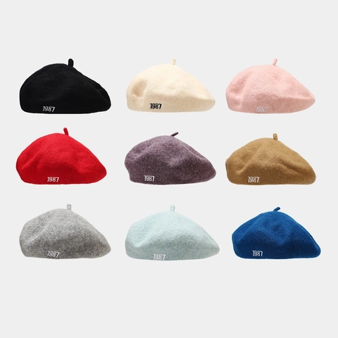 Women Wool Beret Hat With 1987 Embroidery Retro Painter Hat Warm Winter Fashion Accessory Adjustable