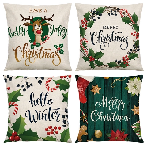 Taie D'Oreiller De Noël Housse De Coussin En Lin Renne Couronne Décoration Festive Pour Canapé Salon Chambre