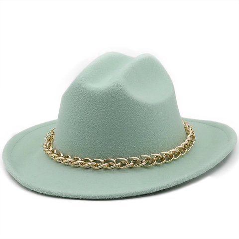 Cappello Fedora Tesa Larga Feltro Di Lana Con Catena D'oro Cappello Jazz Cowboy Per Donne Uomini Retrò Moda