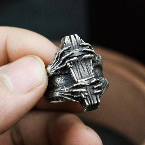 Gothic Vintage Sarg Ring Für Herren Edelstahl Totenkopf Hand Schmuck Punk Biker Stil Retro Fingerband
