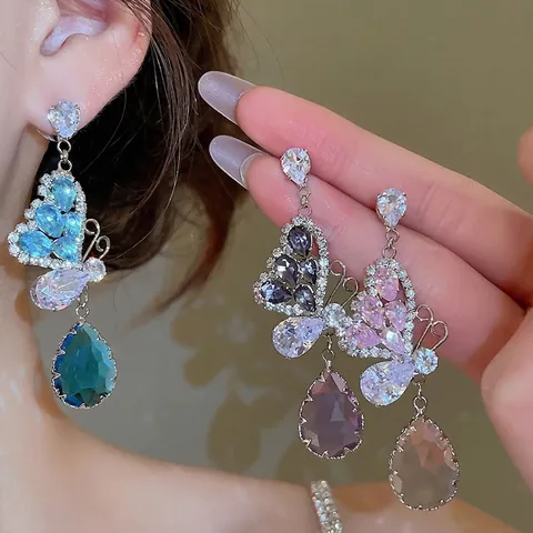 Orecchini Farfalla Zircone Rame 925 Sterling Silver Earring Post Lungo Ciondolo Goccia D'acqua Gioielli Eleganti Da Donna
