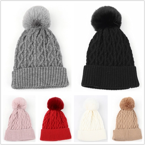 Gorro Beanie De Punto De Torsión Para Mujer Con Pompon Color Sólido Grueso Cálido Invierno Exterior Cortavientos Acrílico