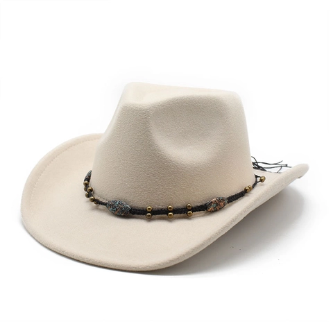 Western Cowboy Hat Cotton Polyester Felt Wide Brim Vintage Ethnic Beaded Band Turquoise Decor Outdoor Travel Retro Fedora