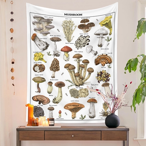 Arazzo Da Parete Con Funghi Poliestere Illustrazione Scientifica Vintage Grafico Enciclopedia Decorazione Per Casa
