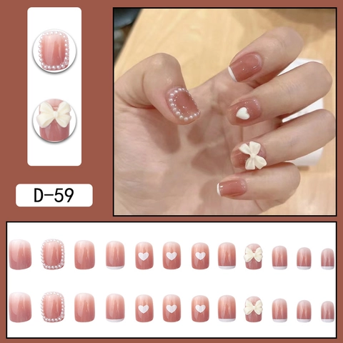 Elegante Kurze Runde Künstliche Nägel Rosa Farbverlauf French Tip Weißer 3D Schleife Künstliche Perle Herz Süß Für Damen