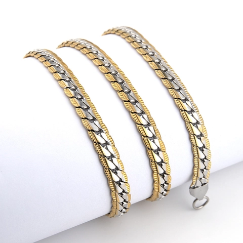 Stainless Steel Cuban Chain Necklace Flat Embossed Two Tone Gold Silver Polished Hip Hop Jewelry For Men Women