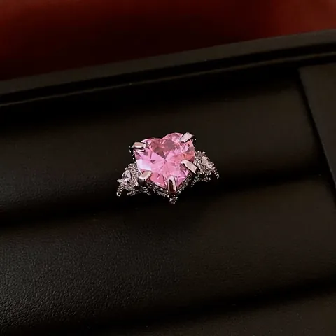 Pink Heart And Star Zircon Copper Adjustable Ring French Luxury Style Women Fashion Jewelry
