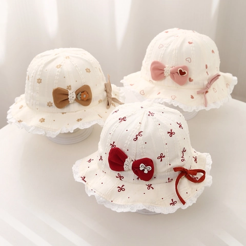 Baby Girl Bucket Hat Cotton Sun Protection Fisherman Cap With Bowknot Lace Trim Heart Floral Print For Infants