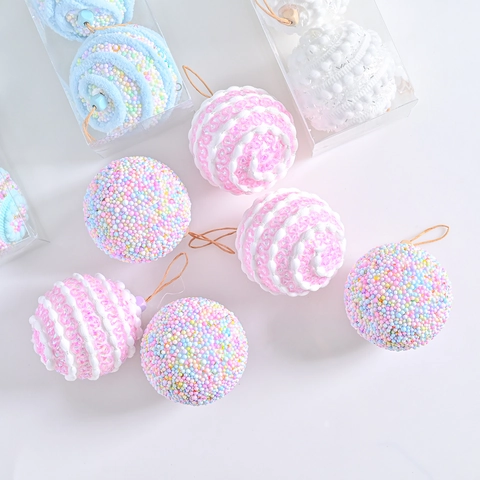Christmas Ball Ornaments Foam Macaron Colors Textured Fabric Beads Hanging Xmas Tree Holiday Party Home Decor