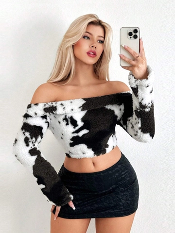 Damen Off-Shoulder Crop Top Kuh-Print Langarm Plüsch Fleece Slim Fit Sexy Rückenfrei Herbst Winter Mode