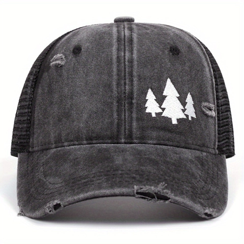 Cappello Trucker In Cotone Lavato Rete Traspirante Vintage Distressed Baseball Ricamo Pino Regolabile Parasole Unisex