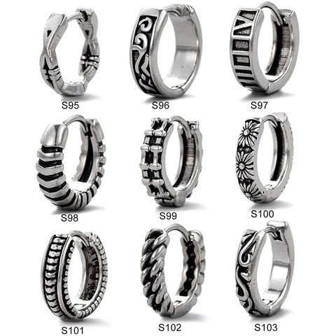 Retro Stainless Steel Hoop Earrings For Men Punk Geometric Roman Numeral Flower Daisy Piercing Earring