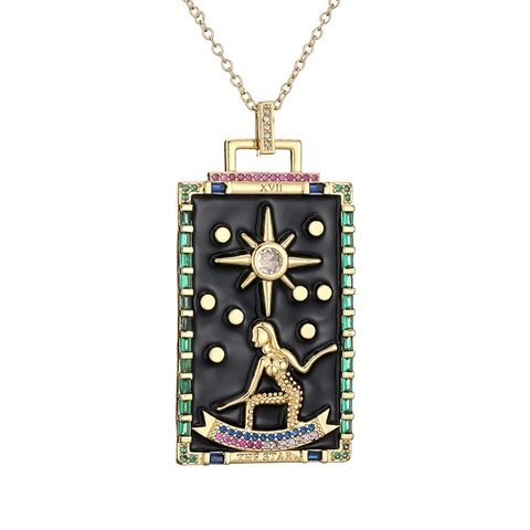 Collier Pendentif Carte De Tarot Rétro Cuivre Plaqué Or Zircon Coloré Émail L'étoile Soleil Tempérance Bijoux Vintage