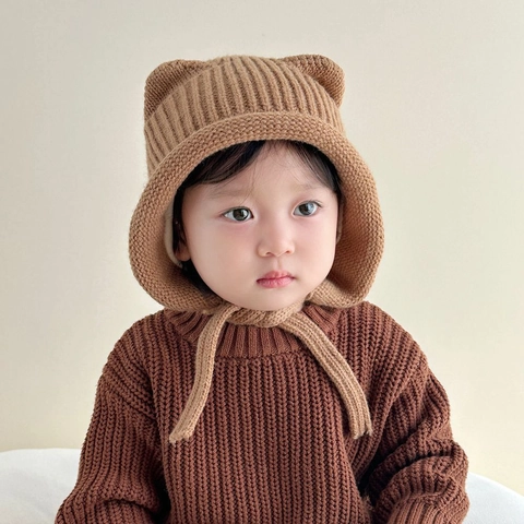 Baby Knit Beanie Hat With Bear Ears Acrylic Warm Winter Ear Protection Bonnet Korean Style Soft Skin Friendly Outdoor