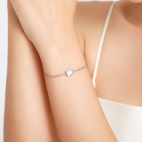 925 Sterling Silver Bracelet For Women Square Zirconia Inlaid Elegant Adjustable Ball Chain Minimalist Fashion Jewelry