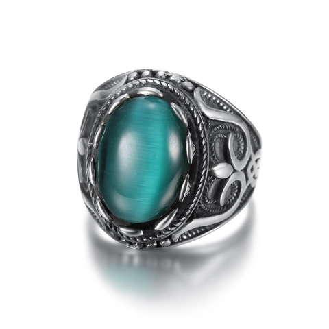 Vintage Signet Ring Stainless Steel With Oval Tiger Eye Turquoise Gemstone Engraved Retro Punk Jewelry For Men