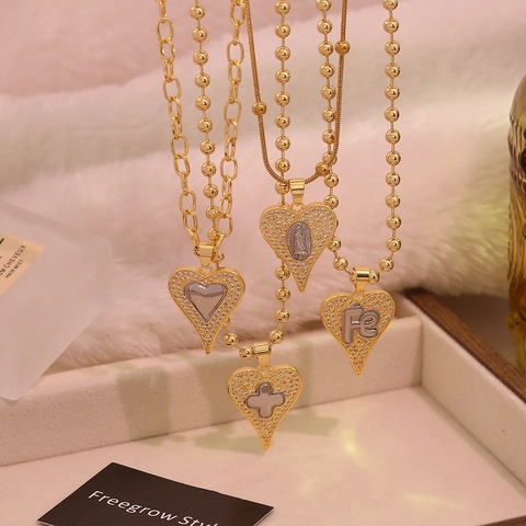 Hart Hanger Ketting Koper Micro Pave Zirkonia Gepersonaliseerde Kruis Maagd Maria Religieuze Sieraden Vrouwen Vintage Stijl