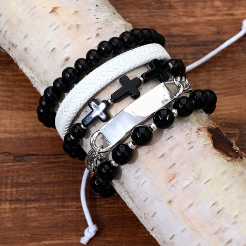 Men Bracelet Black Beads White Woven Faux Leather Zinc Alloy Cross Pendant Hip Hop Punk Vintage Jewelry