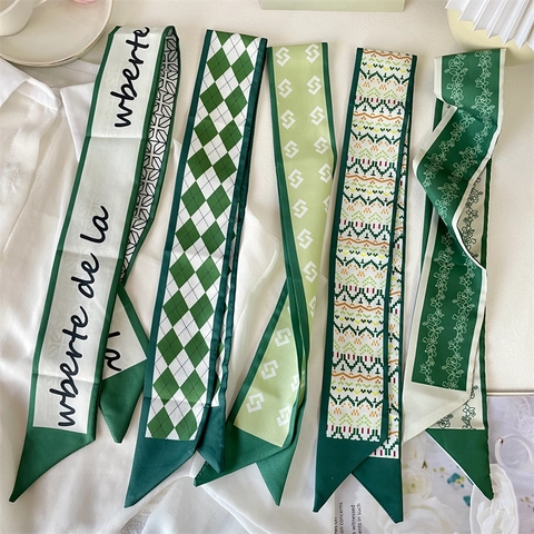 Lange Smalle Satijnen Satijnn Sjaal Hoofdband Voor Dames Haarband Lint Tas Decor Bloemen Geometrisch Patroon