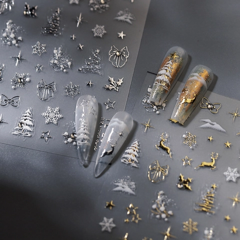 Adesivi Per Unghie Di Natale Rilievo 3D Metallico Oro Argento Fiocchi Di Neve Renna Fiocco Autoadesivo Decorazione Manicure