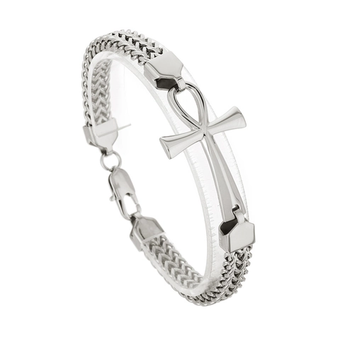 Pulsera De Acero Inoxidable Para Hombre Cruz Ankh Egipcia Antigua Cadena Franco De Doble Fila Joyería Vintage Punk