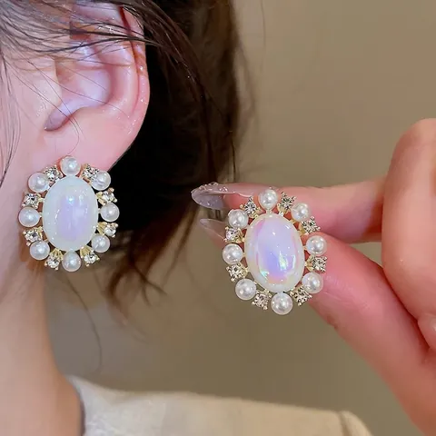 Vintage Oval Stud Earrings For Women With Colorful Opal Stone Artificial Pearl Rhinestone And Silver Earring Post French Retro Style