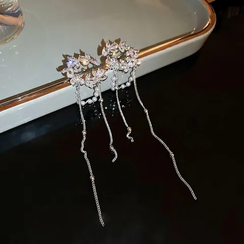 Boucles D'oreilles Ear Cuff Longs Pompons En Forme De C Elégantes Fleurs En Zircon En Cuivre Avec Künstliche Perles Sans Perçage