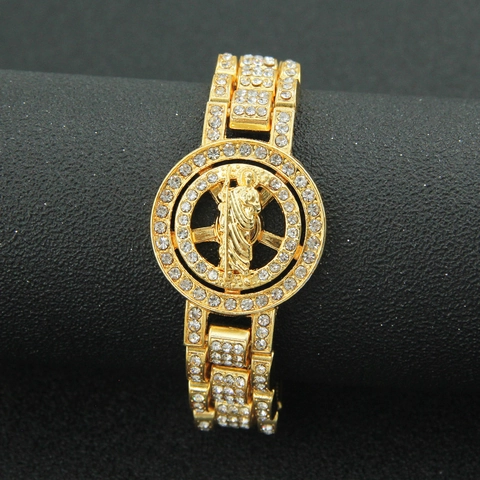 Heren Hip Hop Volledige Strass Cubaanse Schakelarmband Horlogeketting Legering Ronde Hanger Goud Zilver Rap Sieraden