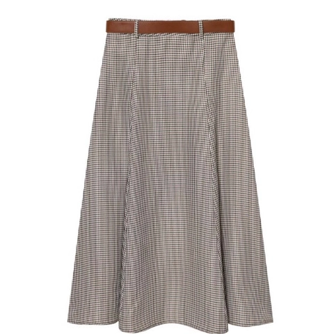 Gonna A Linea A Quadri Pied De Poule Vita Alta Vintage Midi Con Cintura In Pelle PU Poliestere Donna