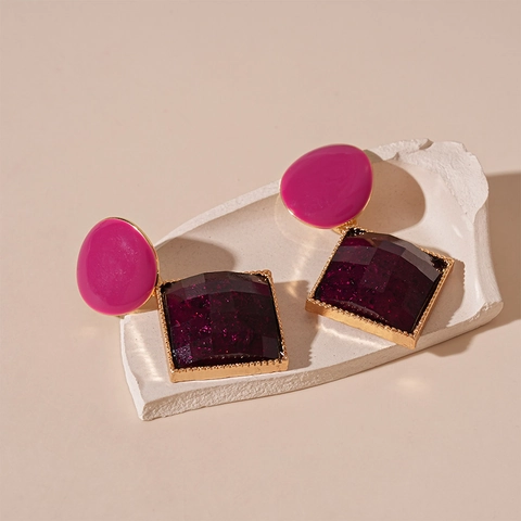Pendientes Colgantes Geométricos Con Pasador De Plata Resina Aleación Color De Contraste Vintage Para Mujeres