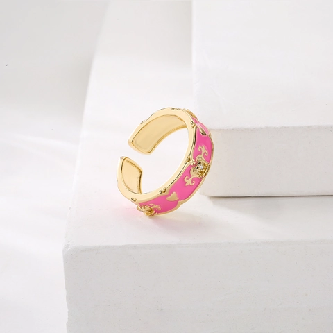 Vintage Crown Heart Enamel Open Ring Copper 18K Gold Plated Zircon Adjustable Finger Jewelry For Women Retro Style