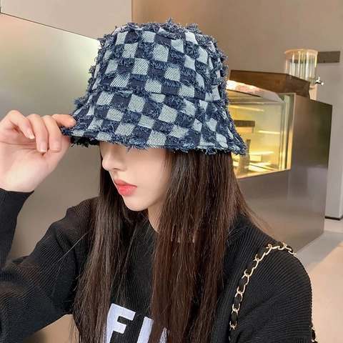 Cappello Da Pescatore In Denim A Scacchi Bordi Sfilacciati Stile Street Vintage Cotone Protezione Solare Donne