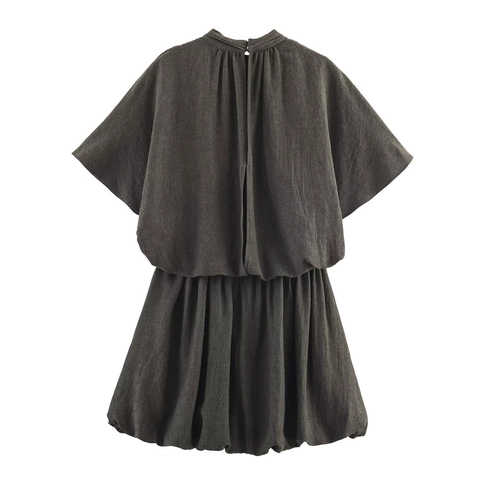 Women Mini Dress Balloon Hem Puff Sleeve Mock Neck Pleated Solid Color Cotton Blend Casual Vacation Fashion Elegant