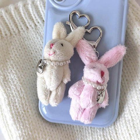 Mignon Porte-Clés Lapin En Peluche Collier Künstliche Perles Pendentif Coeur Décoration Sac À Main Filles Femmes