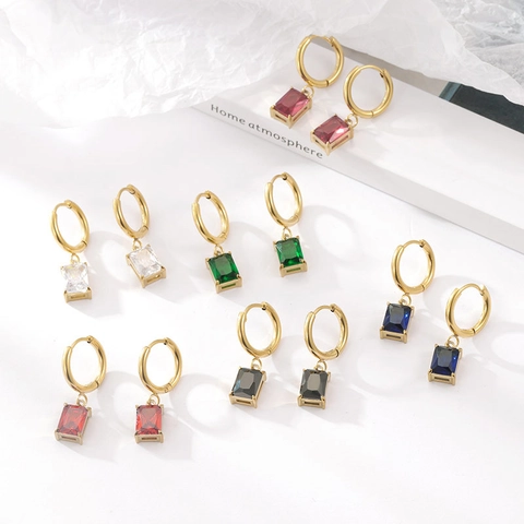 Gold Plated Titanium Steel Hoop Earrings With Emerald Cut Rectangle Cubic Zirconia Pendant Luxury Fashion For Women