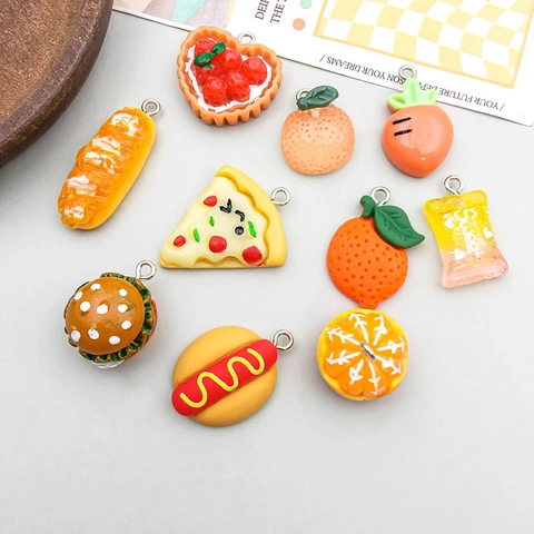 Ciondoli Carini Simulazione Cibo Frutta Resina Cartone Animato Burger Pizza Arancia Pendenti Per Creazione Gioielli Fai Da Te