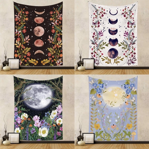Moon Phase Wall Tapestry Polyester Botanical Floral Mystic Bohemian Home Decor Aesthetic Background Hanging Cloth