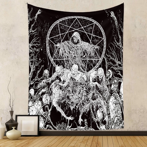 Gothic Tapestry Wall Hanging Black And White Skeleton Grim Reaper Occult Mystery Polyester Fabric Aesthetic Home Decor