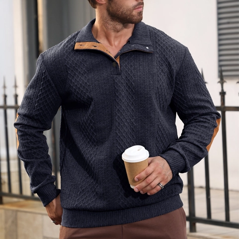 Men Henley Sweatshirt Jacquard Knit Pullover Long Sleeve With Button Stand Collar And Elbow Patches Casual Outdoor Tops