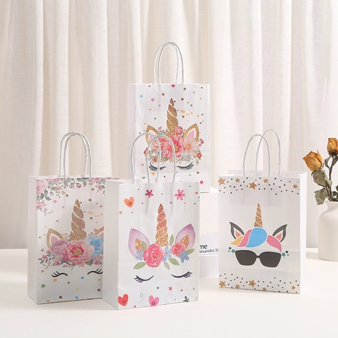 Cartoon Unicorn White Kraft Paper Gift Bag With Gold Foil Printing White Cardstock Handle Bag For Birthday Party Wedding Favor Gift Wrapping Supplies
