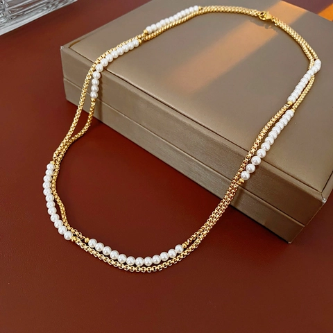 Collar De Doble Capa Retro Con Perla Artificial De Imitación Y Cadena De Cobre Mujer Joyería De Cuello Elegante Estilo Francés