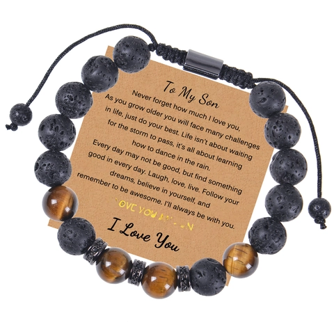 Natuurlijke Tijgeroog En Lavasteen Kralen Armband Verstelbaar Gevlochten Touw Koperen Zirkoon Accent Cadeaukaart Voor Mannen