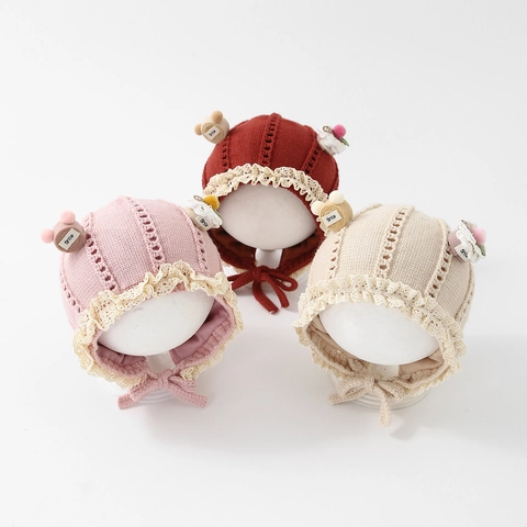 Baby Strickmütze Weich Warm Winter Ohrenschutz Mit Spitzensaum Bindeband Süß Niedlich Bär Dekor Für Kleinkinder Mädchen