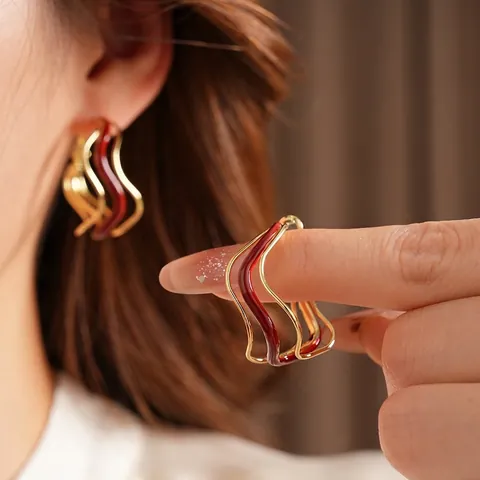 Pendientes De Aro De Ola Irregulares Cobre Esmalte Rojo Aceite De Goteo Moda Estilo De Nicho Con Poste De Plata Para Mujer