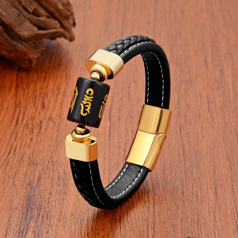 Men Braided Leather Bracelet With Stainless Steel Clasp And Mantra Stone Bead Vintage Religious Accessory