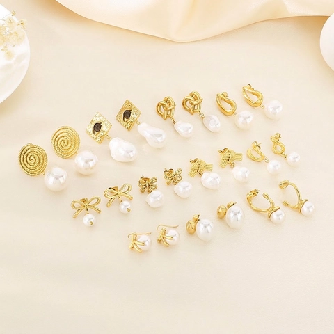 Titanium Steel Artificial Pearl Drop Earrings For Women Elegant Gold Plated Rhinestone Stainless Steel Bowknot Geometric Stud Earrings Gift