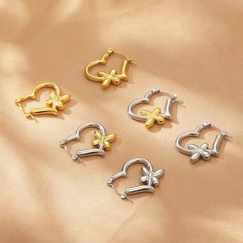 Pendientes De Aro Con Corazón Y Mariposa De Acero Inoxidable Joyería Elegante De Acero De Titanio Para Mujer Estilo Dulce