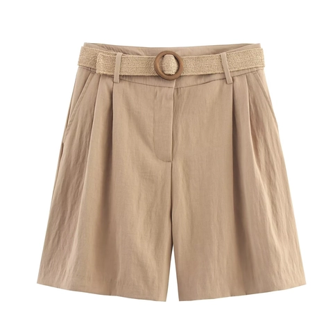 Pantaloncini Bermuda da Donna a Vita Alta Con Cintura Intrecciata Tinta Unita Pieghettati Gamba Larga Dritta Casual Estivi