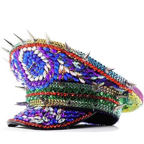 Cappello Da Capitano Con Strass Colorati Berretto Militare Con Paillettes E Borchie In Metallo Per Festival Spettacolo Accessorio Testa Stile Punk